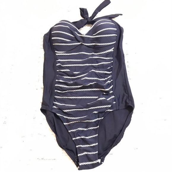 MERONA one piece swimsuit navy blue nautical stripe rope halter beach small - Picture 1 of 8